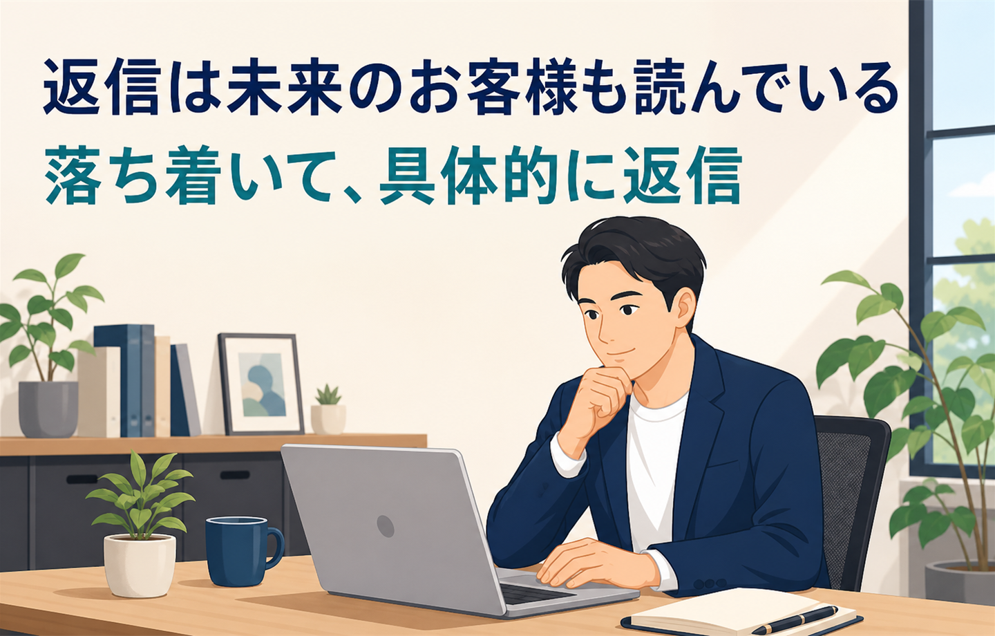 「返信は未来のお客様も読んでいる」「落ち着いて、具体的に返信」と書かれたイラスト。デスクでノートパソコンに向かい、口コミへの返信を考えている店舗経営者