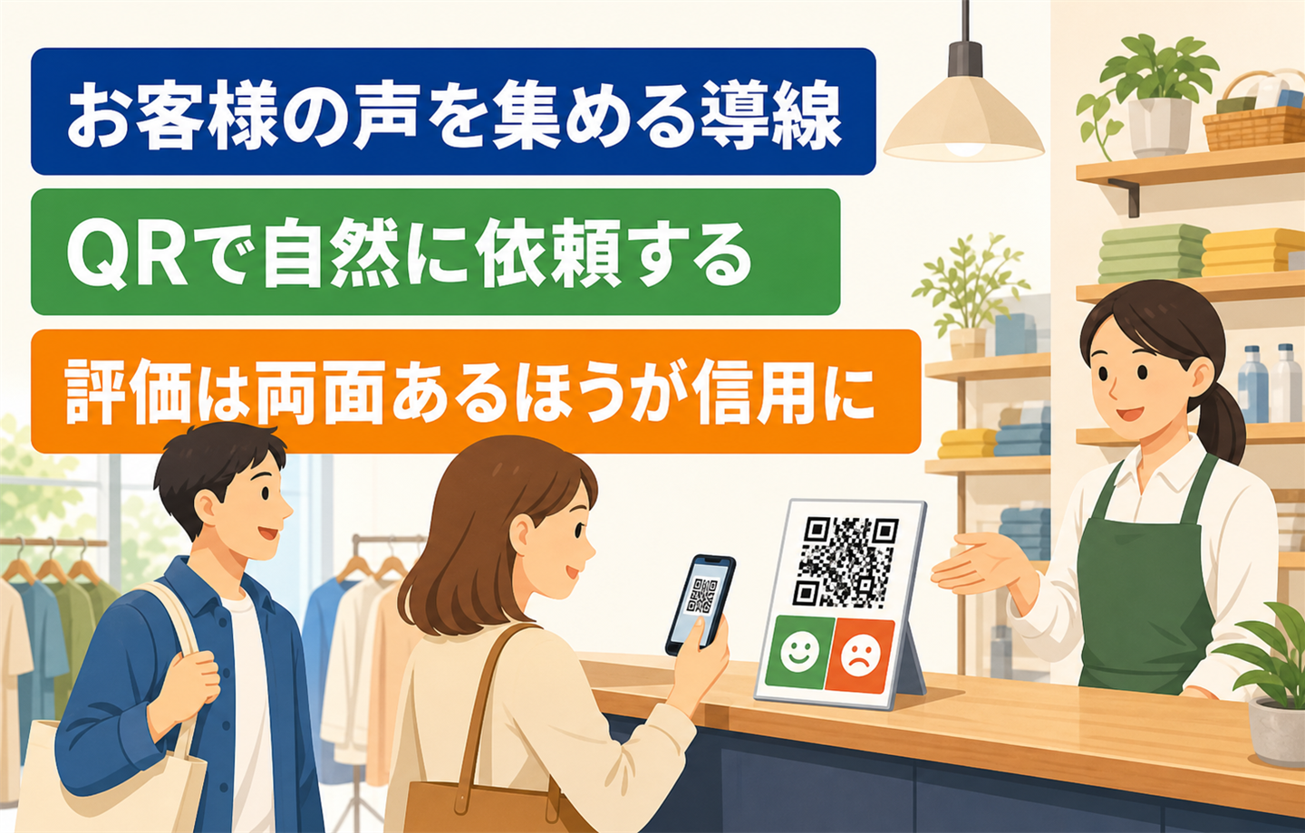 「お客様の声を集める導線」「QRで自然に依頼する」「評価は両面あるほうが信用に」と書かれたイラスト。店舗のレジ横に置かれたQRコード付きスタンドを客がスマートフォンで読み取っている