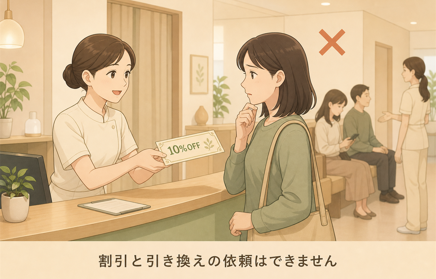 「割引と引き換えの依頼はできません」と書かれたイラスト。受付でスタッフが10%OFFの券を差し出し、×印が付いている
