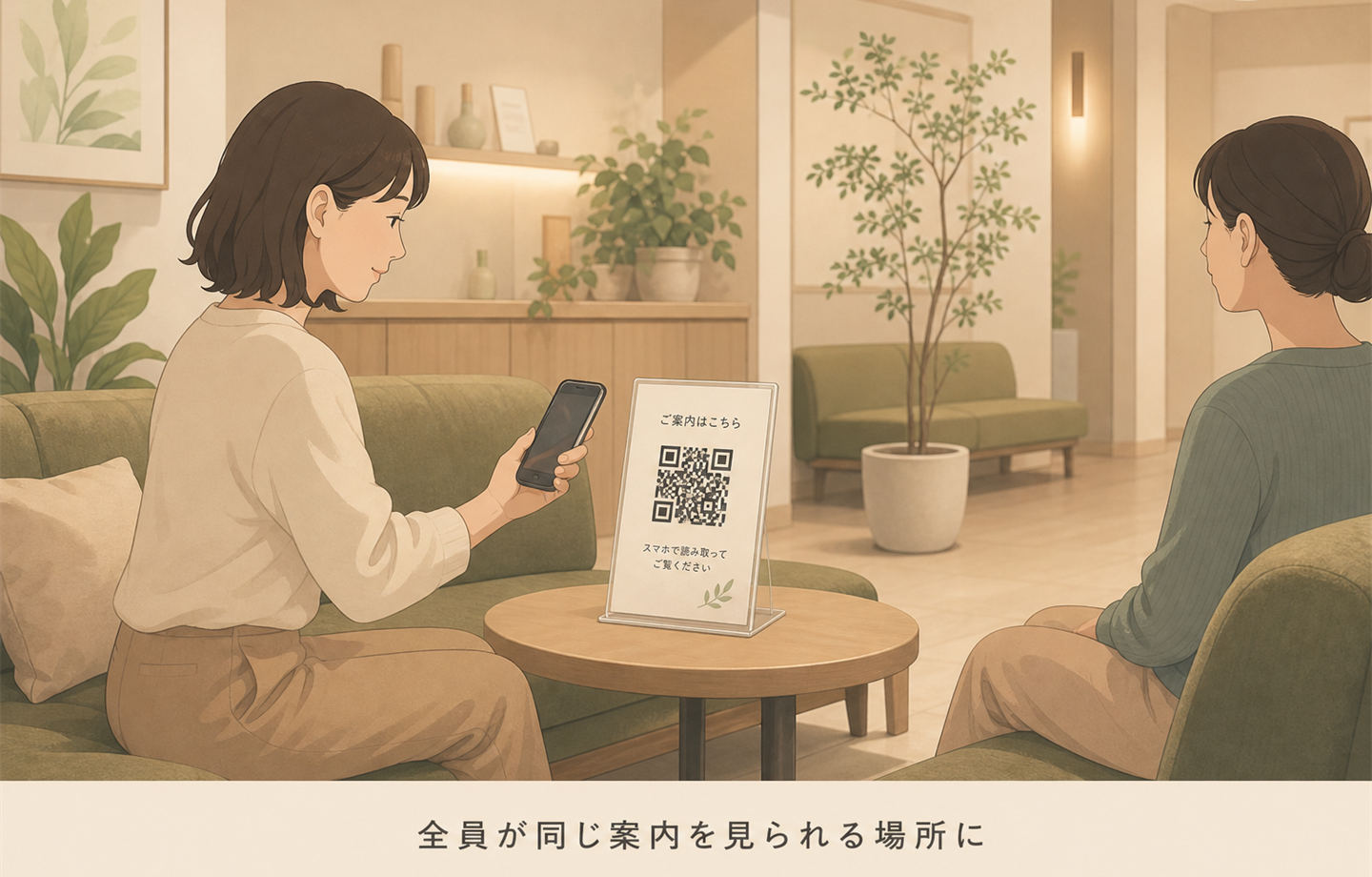 「全員が同じ案内を見られる場所に」と書かれたイラスト。待合スペースのテーブルにQRコード付きの案内スタンドが置かれ、来店客がスマートフォンで読み取っている