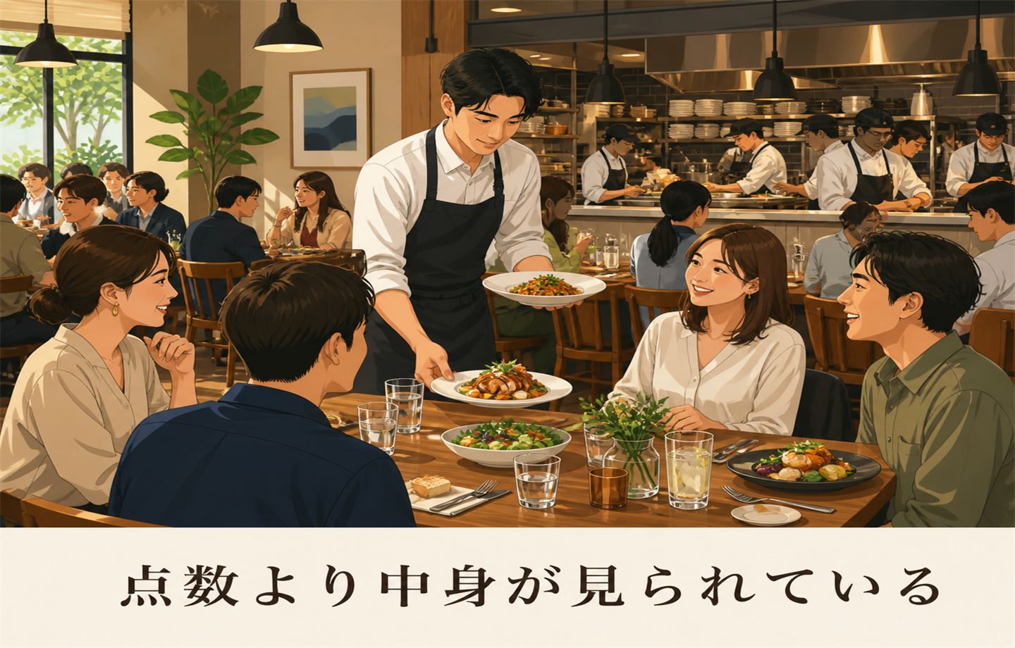 「点数より中身が見られている」と書かれたイラスト。にぎわう飲食店で、店員が料理を運びながら客と会話している
