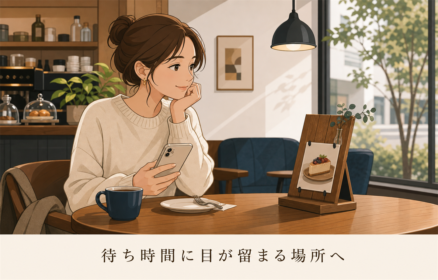 「待ち時間に目が留まる場所へ」と書かれたイラスト。カフェの卓上に置かれた木製スタンドの案内を、コーヒーを待つ客が眺めている