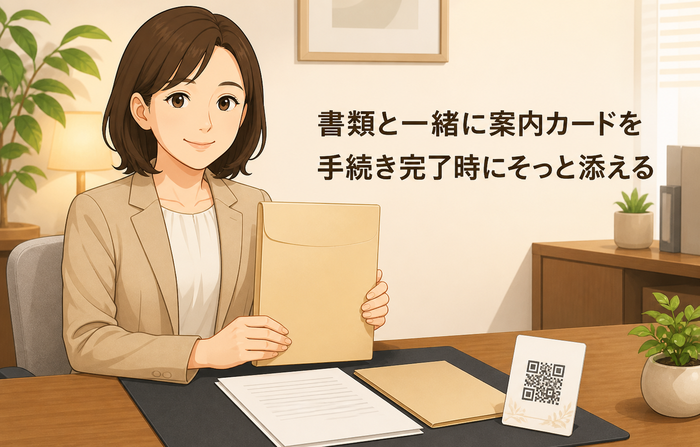 「書類と一緒に案内カードを手続き完了時にそっと添える」と書かれたイラスト。事務所の担当者が書類の封筒を渡し、机の上にQRコード付きの案内カードが置かれている