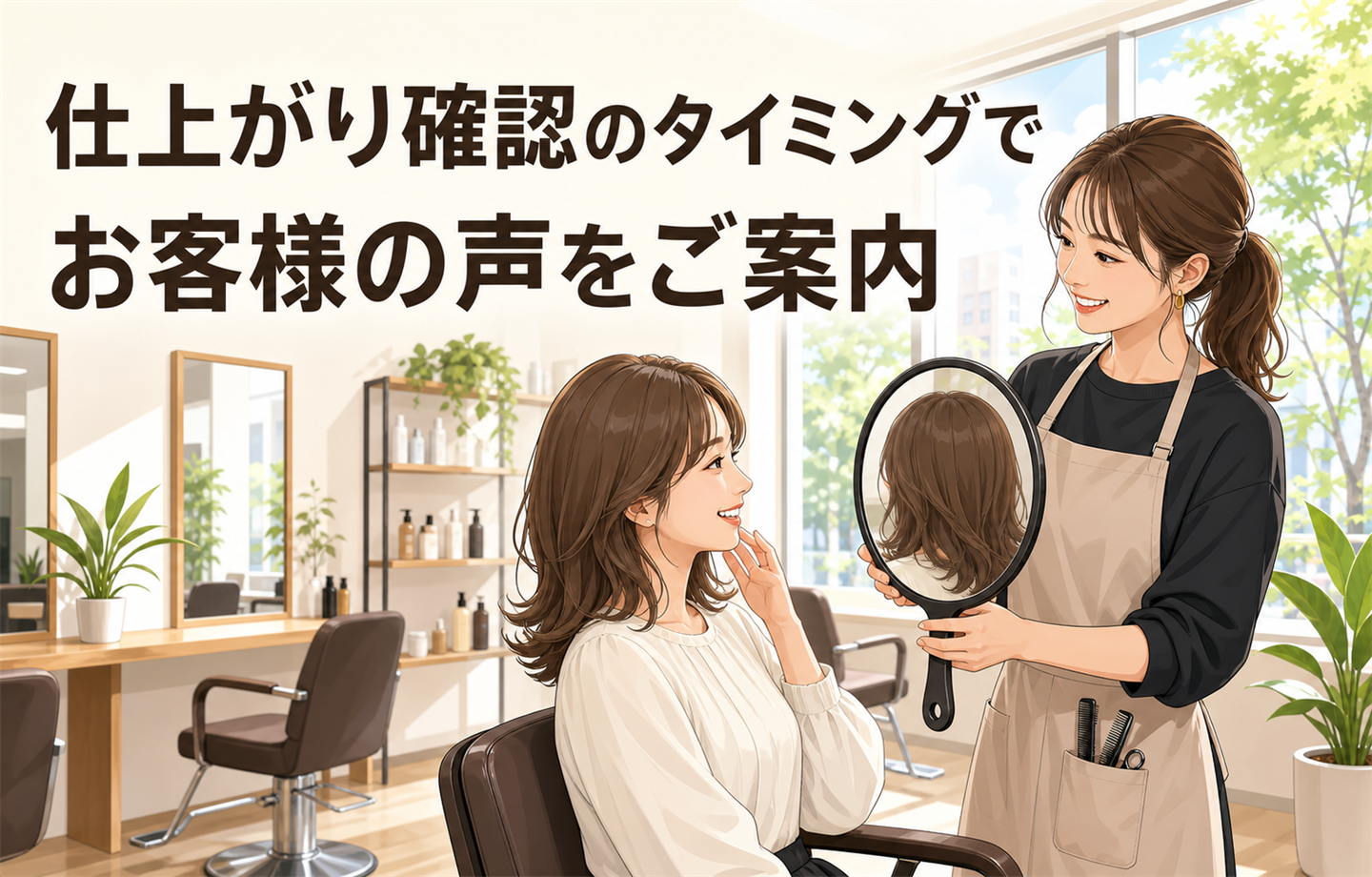 「仕上がり確認のタイミングでお客様の声をご案内」と書かれたイラスト。美容室で、スタイリストが手鏡で仕上がりを見せている