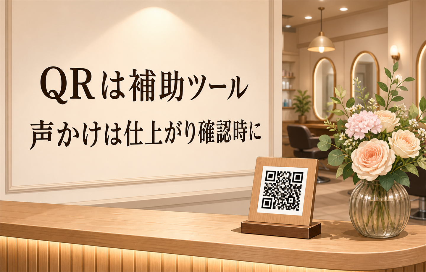 「QRは補助ツール、声かけは仕上がり確認時に」と書かれたイラスト。美容室の受付カウンターにQRコード付きの案内スタンドと花が置かれている