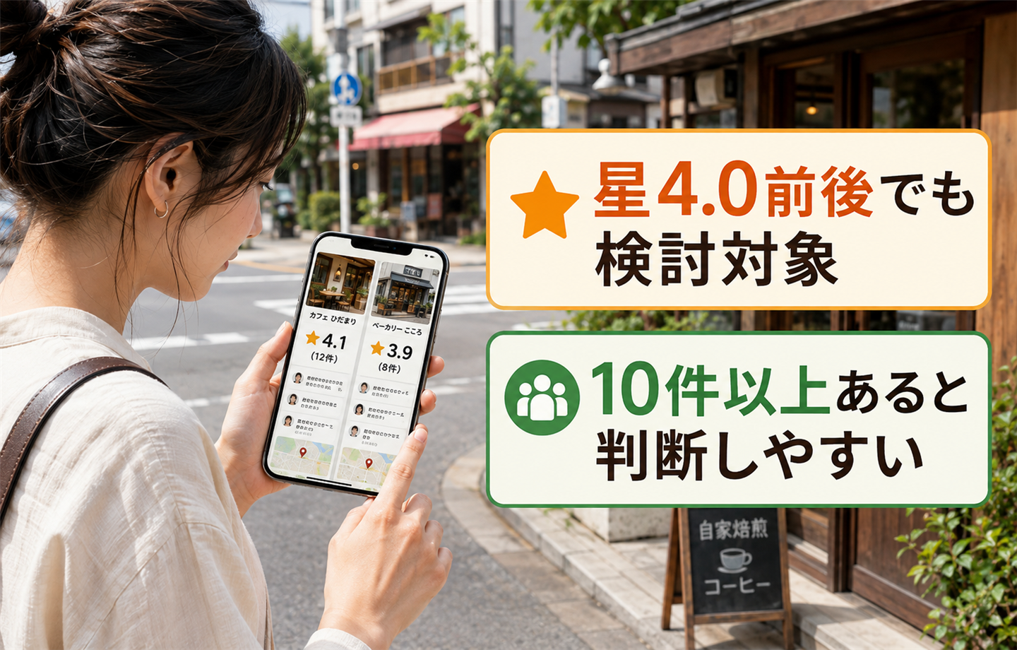 「星4.0前後でも検討対象／10件以上あると判断しやすい」と書かれた、街角でスマートフォンの口コミ一覧を見ている女性のイラスト