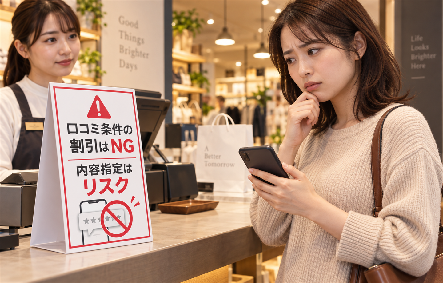 「口コミ条件の割引はNG／内容指定はリスク」と書かれたレジ横の卓上POPと、スマートフォンを手に迷った表情でそれを見る女性客の画像