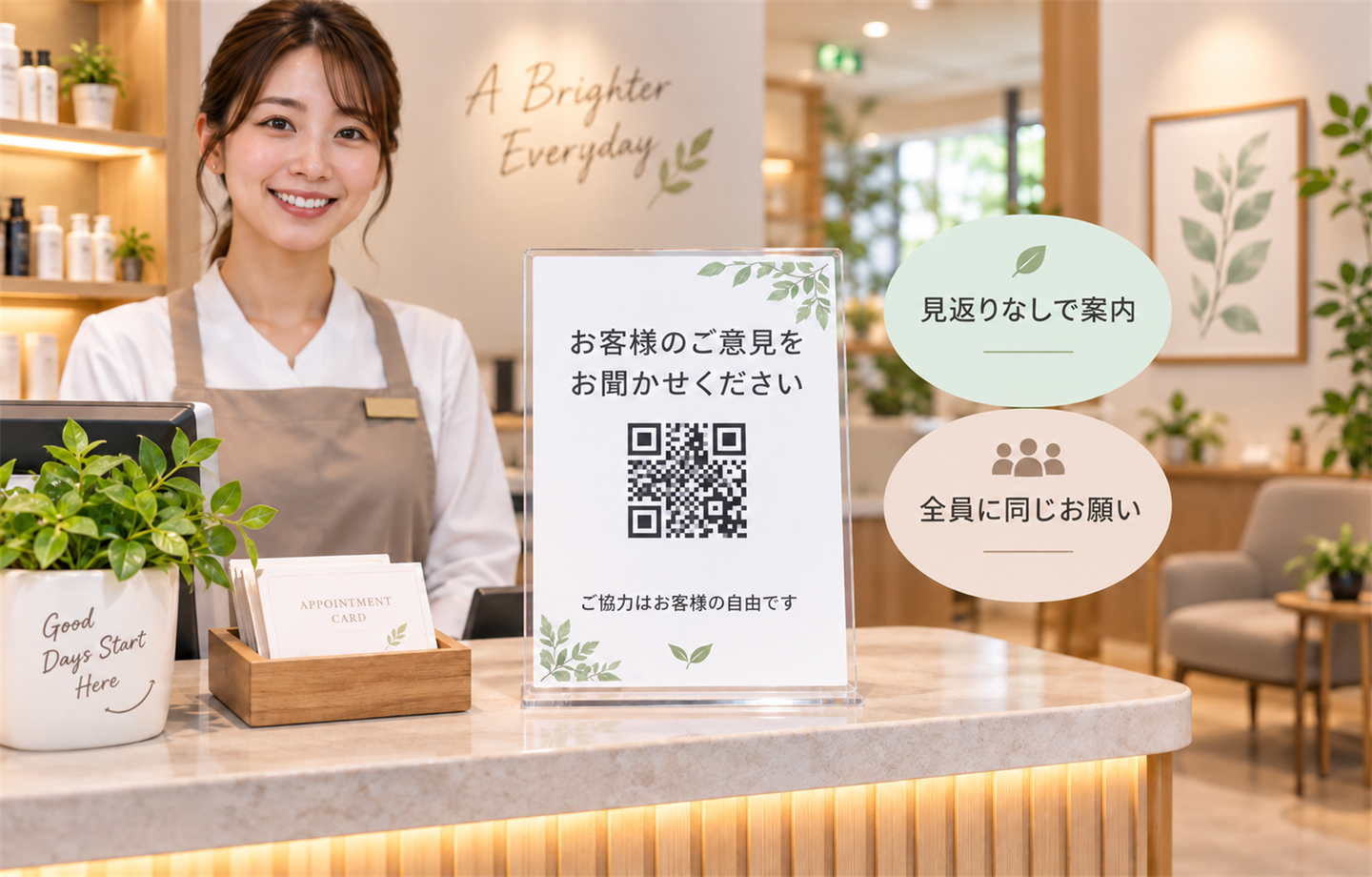 「お客様のご意見をお聞かせください」「ご協力はお客様の自由です」と書かれたQRコード付きのアクリルスタンドが置かれた受付カウンターと、「見返りなしで案内」「全員に同じお願い」の吹き出し、笑顔の女性スタッフの画像