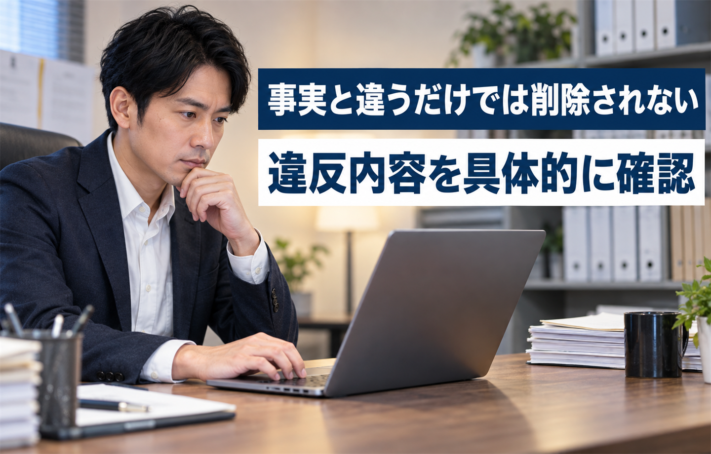 「事実と違うだけでは削除されない／違反内容を具体的に確認」と書かれた、事務所の机でノートパソコンに向かい、考え込む表情で操作しているスーツ姿の男性のイラスト
