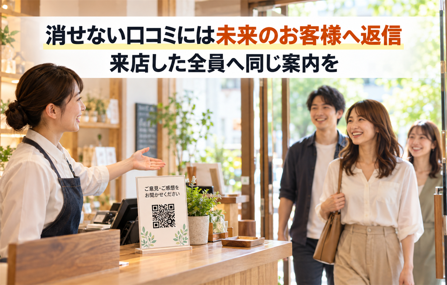「消せない口コミには未来のお客様へ返信／来店した全員へ同じ案内を」と書かれた、店頭のカウンターに「ご意見・ご感想をお聞かせください」とQRコードの卓上スタンドを置き、入ってきたお客様を笑顔で案内している店員のイラスト