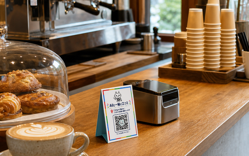 カフェのカウンターに設置した口コミ案内POPのイメージ